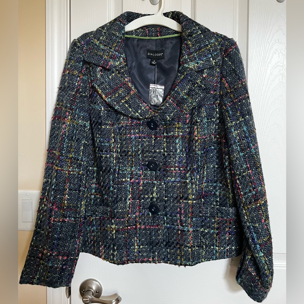 Navy Blue, Multi-Plaid Textured Tweed Retro Blazer/Jacket w/ portrait collar.